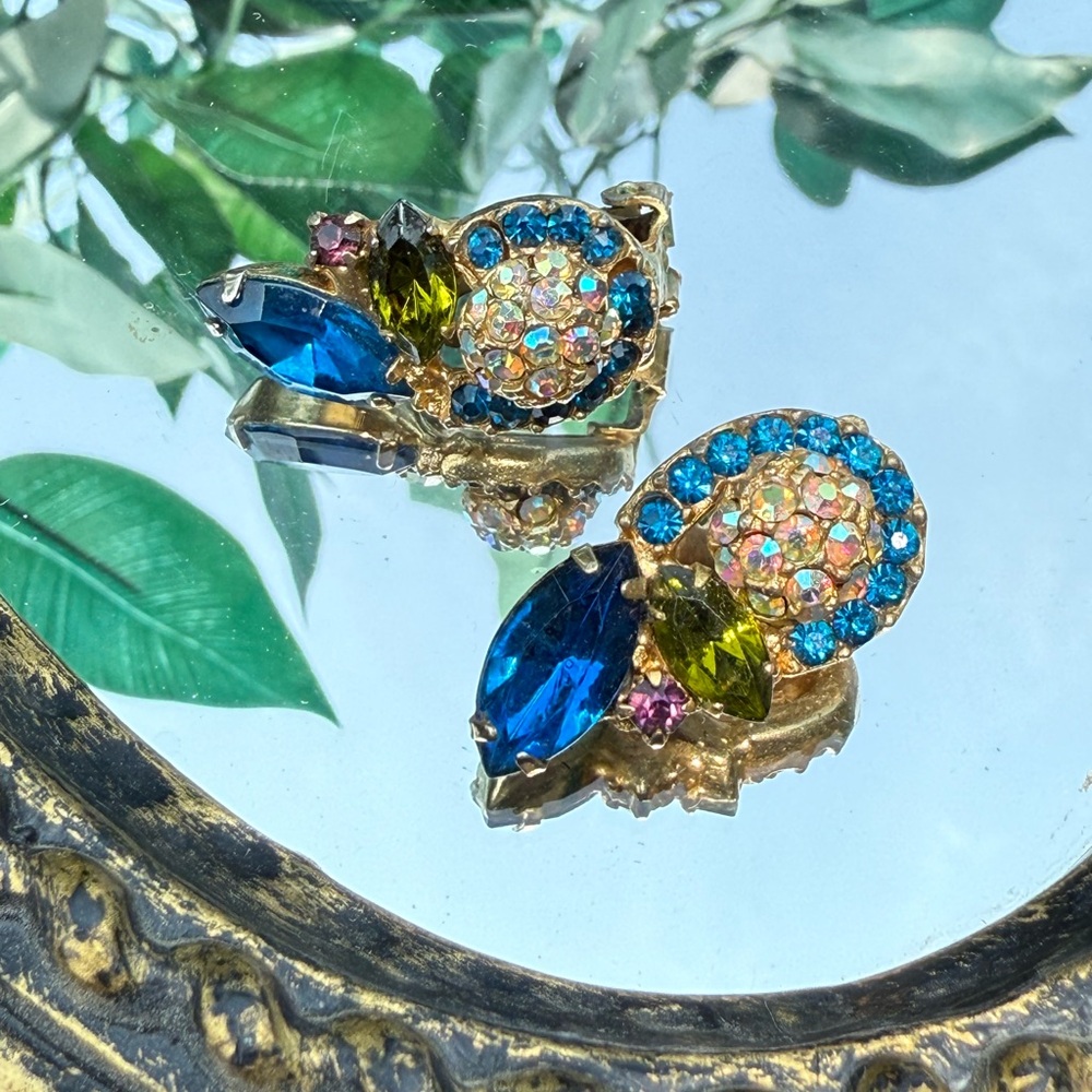 Vintage Juliana D&E Clip On Earrings - Sparkling Blue, Purple, Green, Clear